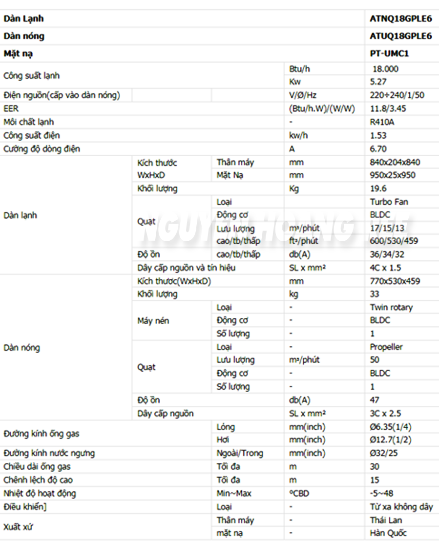 THÔNG SỐ KỸ THUẬT MÁY LẠNH ÂM TRẦN LG INVERTER ATNQ18GPLE6 