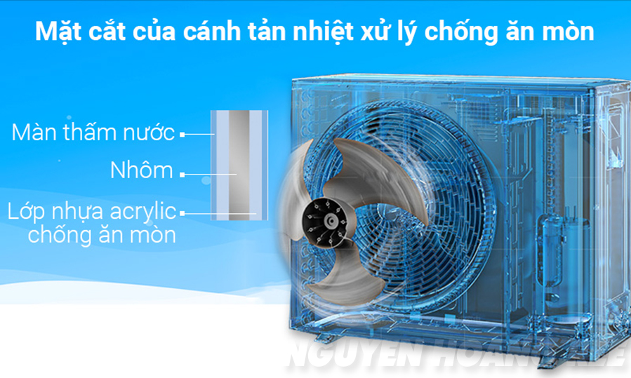 Cánh tản nhiệt dàn nóng được phủ hai lớp đặc biệt Magic Coil giúp ngăn ngừa bụi bẩn hiệu quả cùng lớp chống hơi muối ăn mòn lá nhôm làm tăng độ bền của dàn nóng, vì thế đặc biệt thích hợp với các vùng biển.